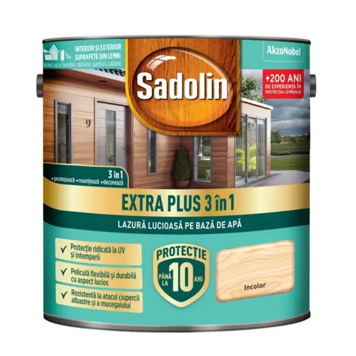 Lazura lucioasa pentru lemn, Sadolin Extra Plus 3 in 1, pe baza de apa, incolor, interior / exterior, 5 L