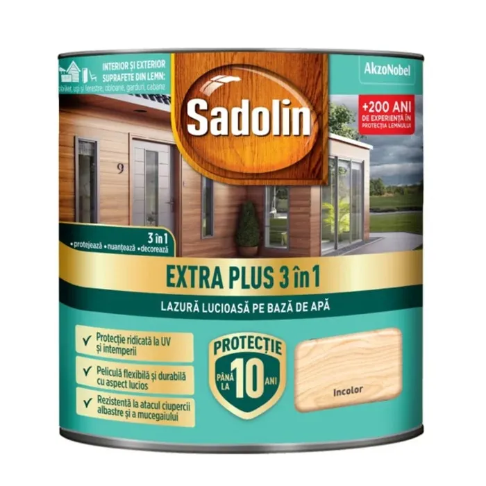 Lazura lucioasa pentru lemn, Sadolin Extra Plus 3 in 1, pe baza de apa, incolor, interior / exterior, 0.75 L
