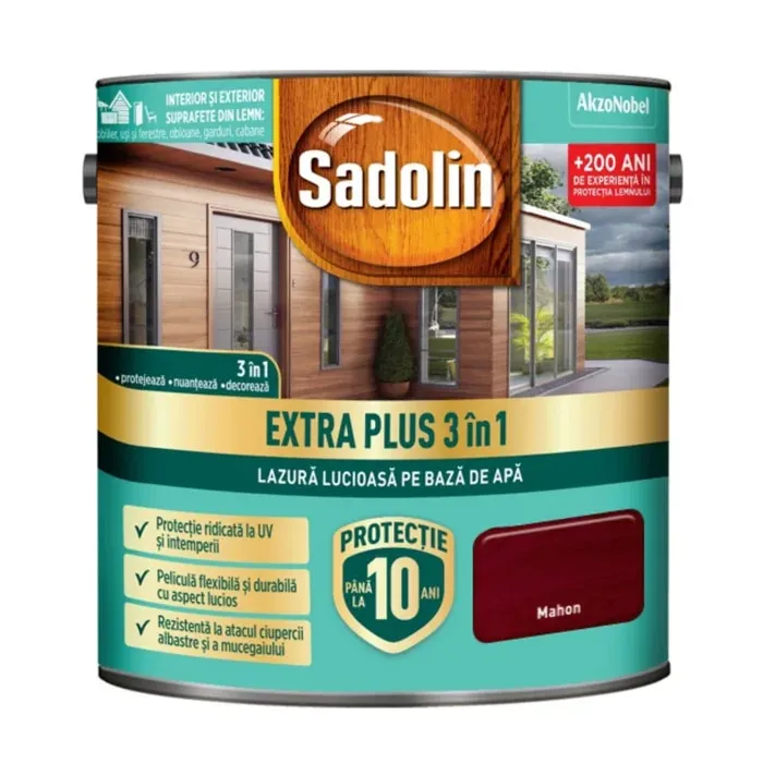 Lazura lucioasa pentru lemn, Sadolin Extra Plus 3 in 1, pe baza de apa, mahon, interior / exterior, 5 L