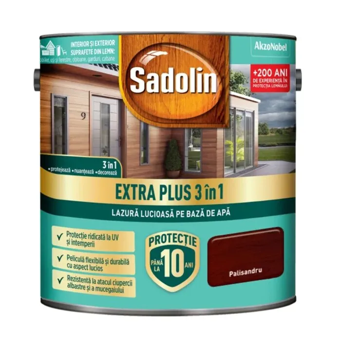 Lazura lucioasa pentru lemn, Sadolin Extra Plus 3 in 1, pe baza de apa, palisandru, interior / exterior, 5 L