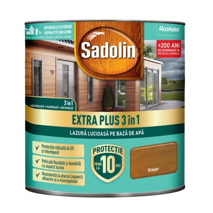 Lazura lucioasa pentru lemn, Sadolin Extra Plus 3 in 1, pe baza de apa, stejar rustic, interior / exterior, 0.75 L