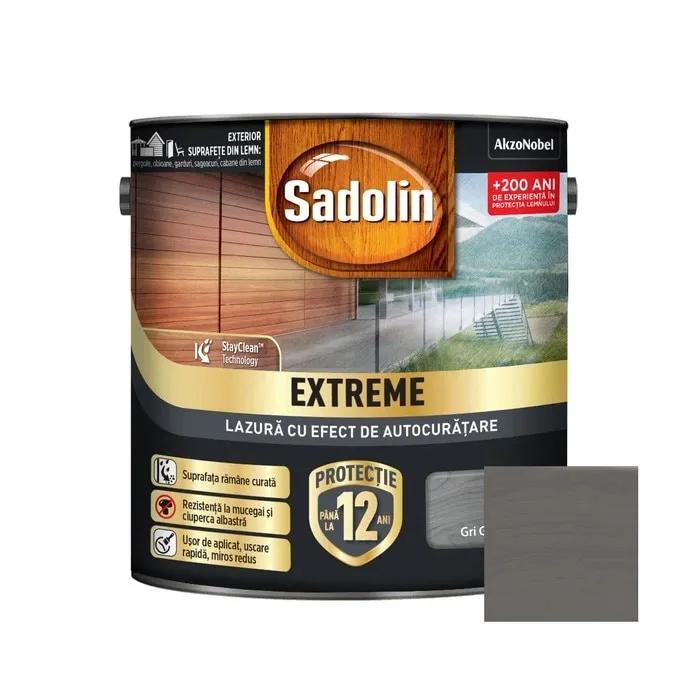 Lazura lucioasa pentru lemn, Sadolin Extreme, cu efect autocuratare, pe baza de apa, gri grafit, interior / exterior, 0.7 L