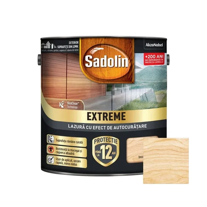 Lazura lucioasa pentru lemn, Sadolin Extreme, cu efect autocuratare, pe baza de apa, incolor, interior / exterior, 0.7 L