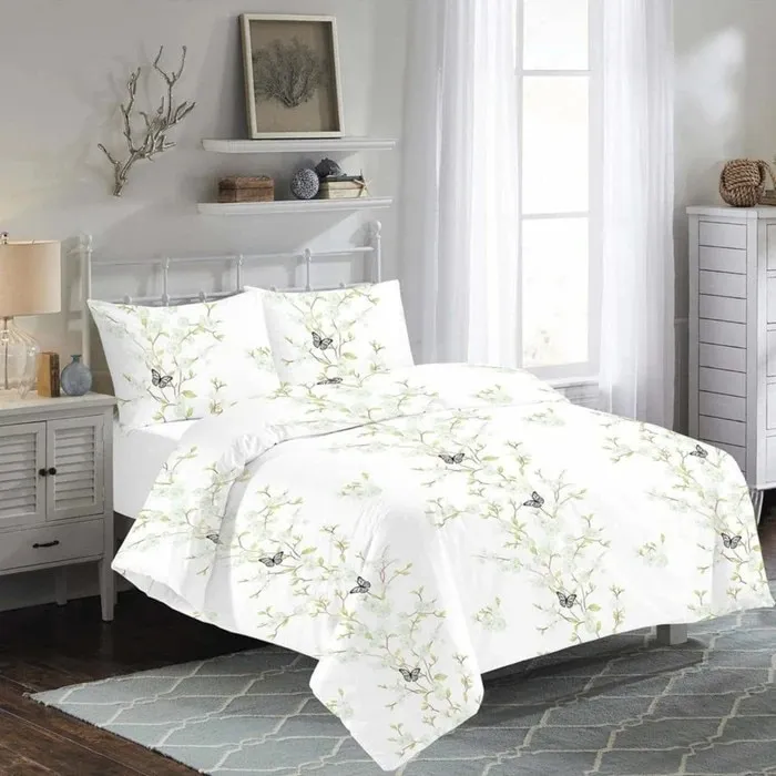 Lenjerie de pat bumbac, Deluxe Pucioasa Carina, 2 persoane, alb, set 4 piese, cu fluturi