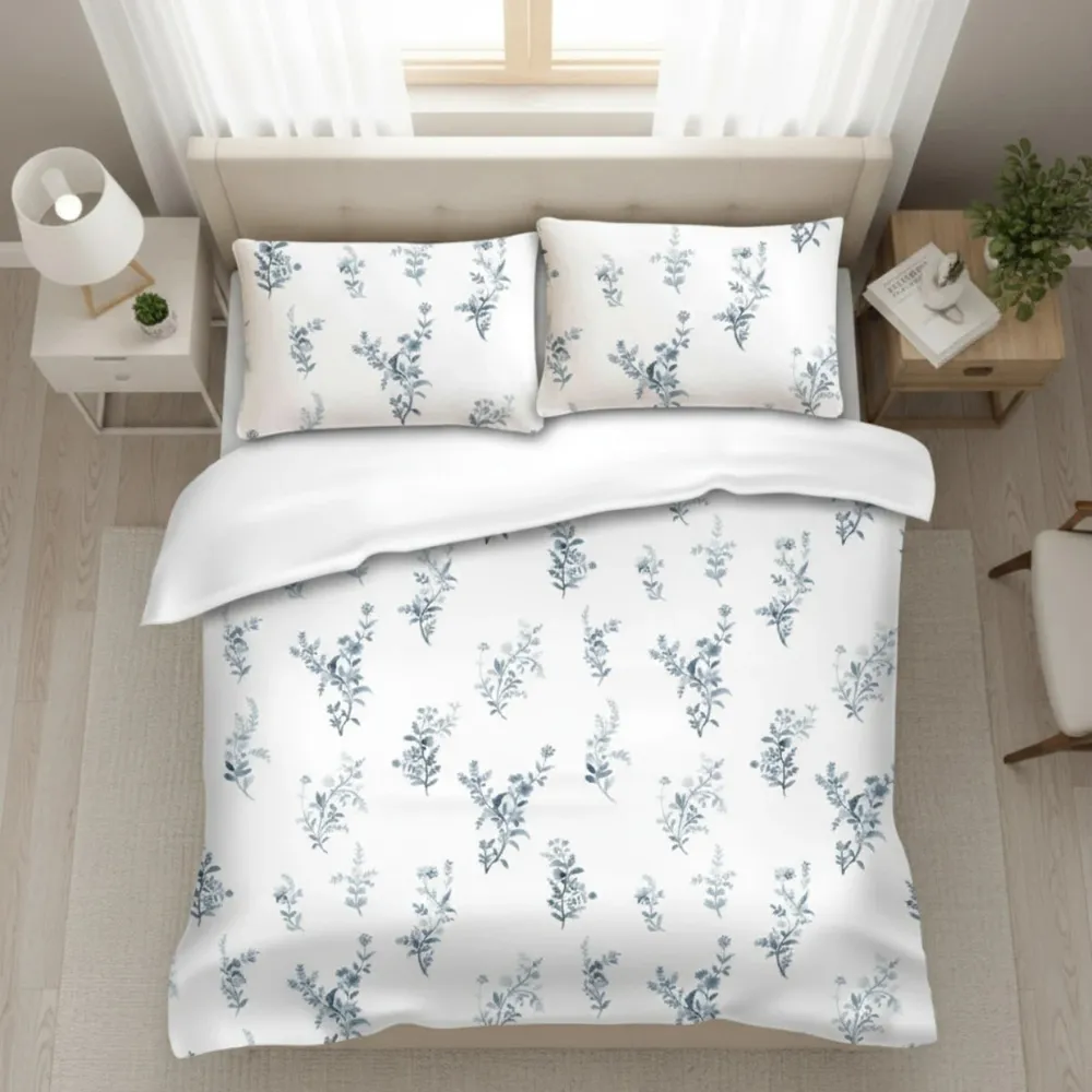 Lenjerie de pat bumbac, Deluxe Pucioasa, Dona, 2 persoane, alb + albastru, set 4 piese