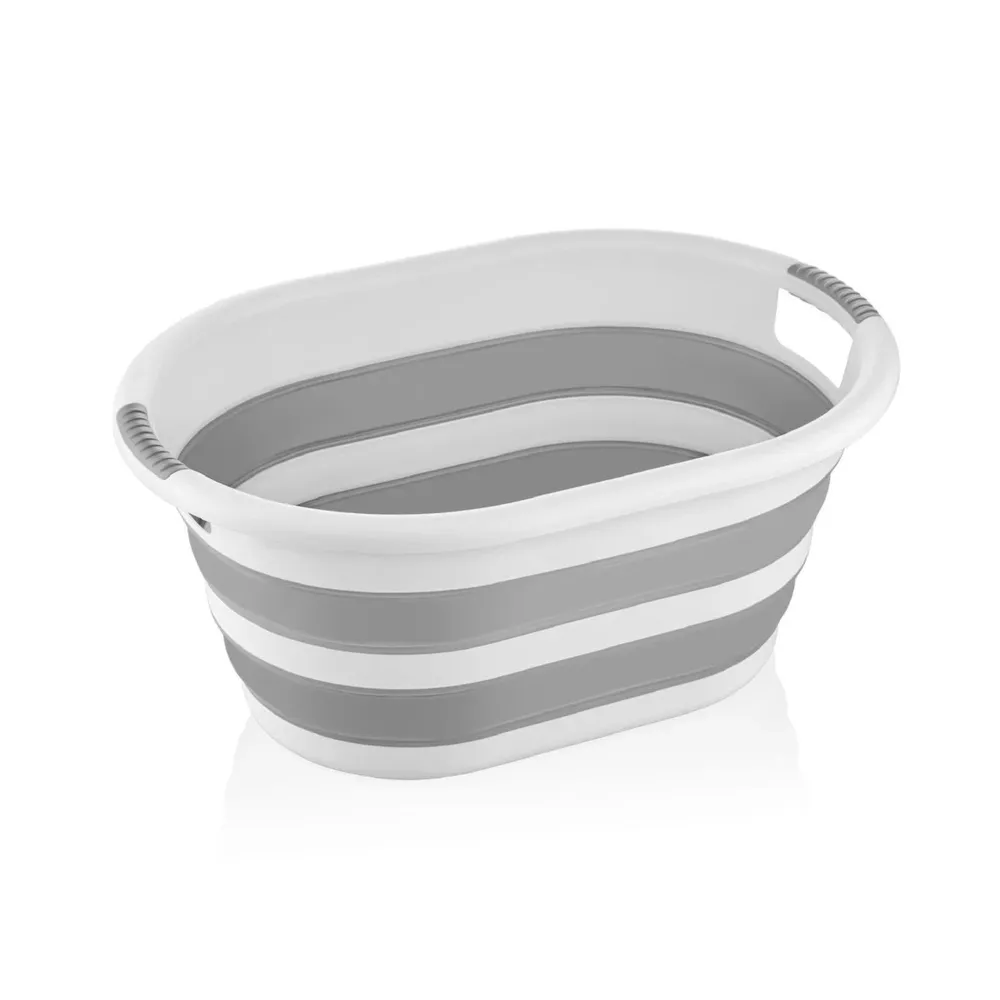 Lighean oval pliabil cu manere, plastic, 25 L, 560 x 400 x 243 mm, alb + gri