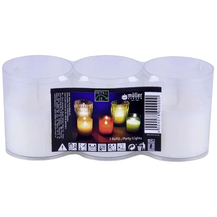 Lumanare decorativa tip party, Muller Kerzen, mix ulei palmier + alte materiale ceroase, 6.5 cm, alb, timp ardere 15 ore, set 3 bucati