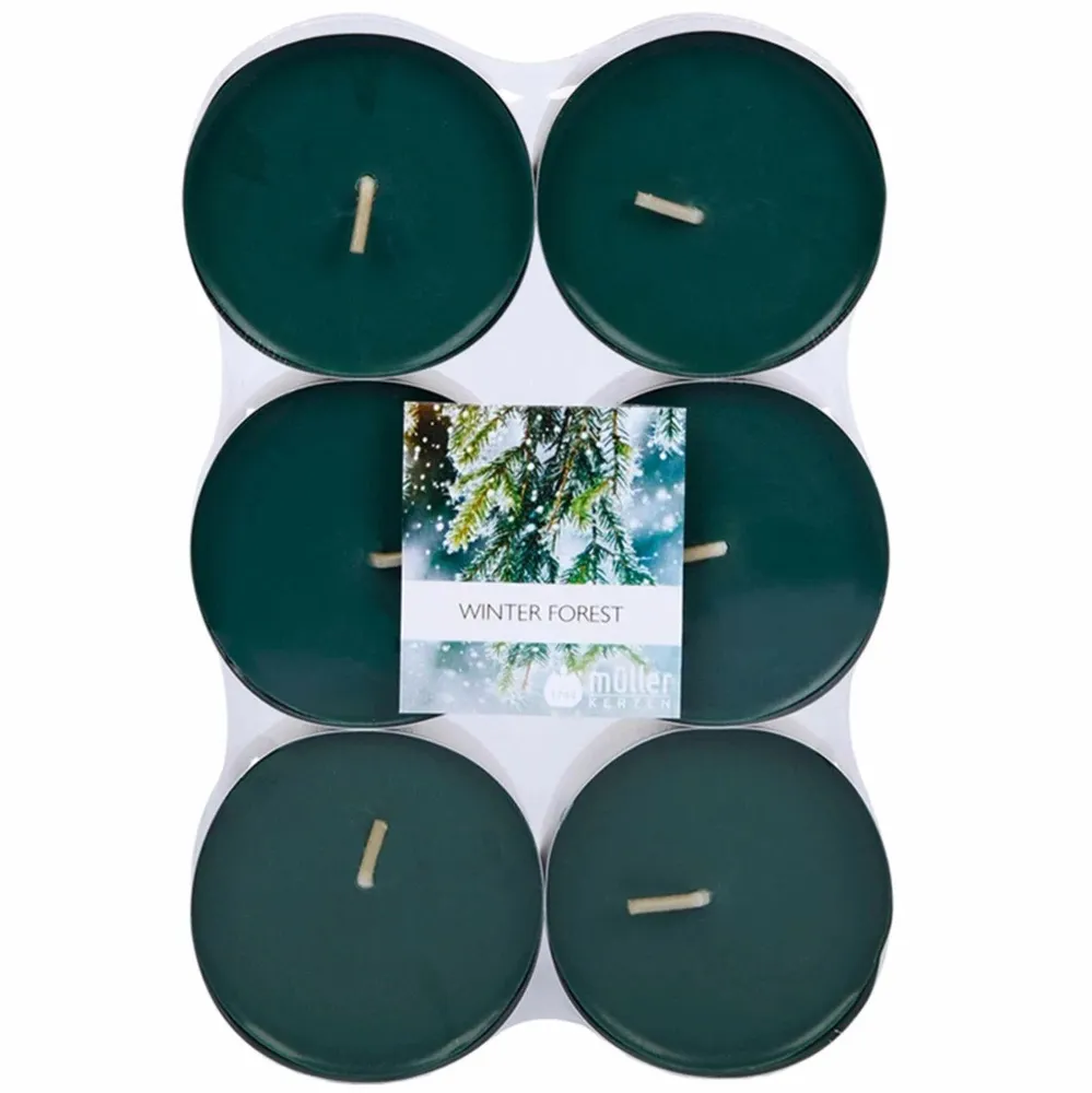 Lumanare decorativa tip pastila, Muller Kerzen, Christmas Winter Forest, brad, timp de ardere 8 ore, set 6 bucati