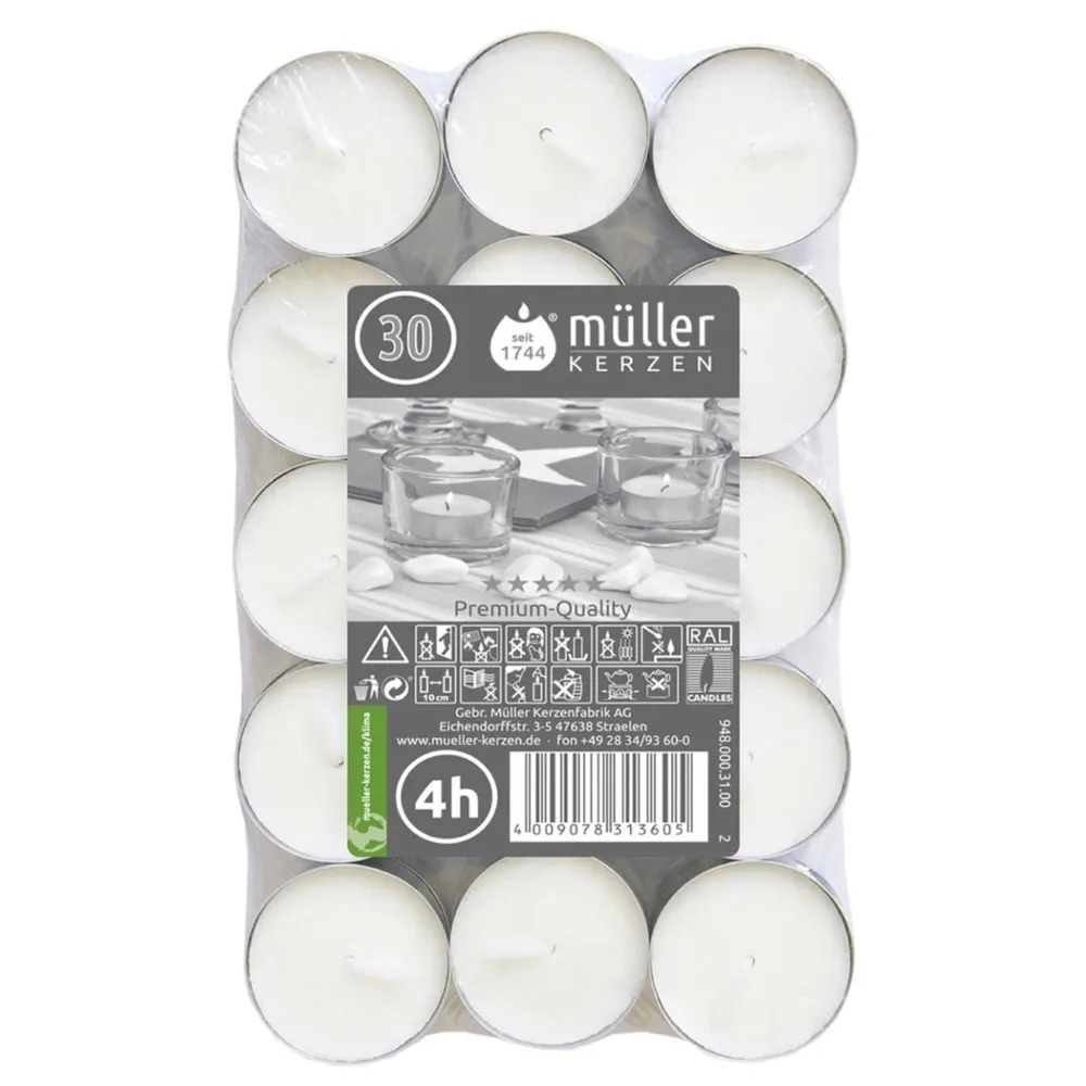 Lumanare decorativa tip pastila, Muller Kerzen, mix ulei palmier + alte materiale ceroase, alb, timp ardere 4 ore, set 30 bucati