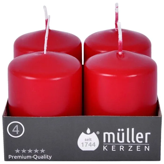 Lumanare decorativa tip stalp, Muller Kerzen, mix ulei palmier + alte materiale ceroase, rosu, 6.2 cm, timp ardere 10 ore, set 4 bucati