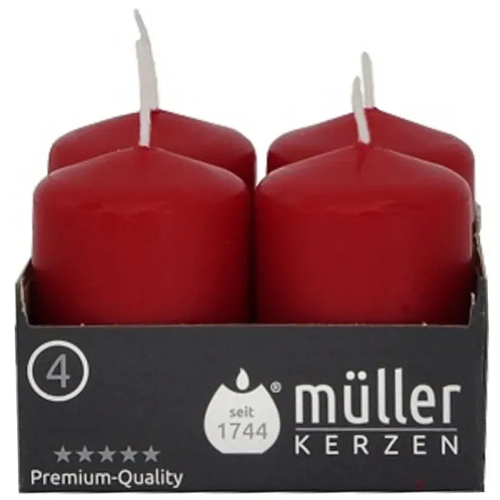 Lumanare decorativa tip stalp, Muller Kerzen, mix ulei palmier + alte materiale ceroase, visiniu, 6.2 cm, timp ardere 10 ore, set 4 bucati