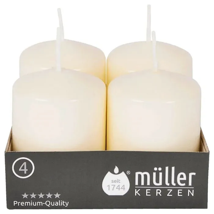 Lumanare decorativa tip stalp, Muller Kerzen, mix ulei palmier + alte materiale ceroase, crem, 6.2 cm, timp ardere 10 ore, set 4 bucati