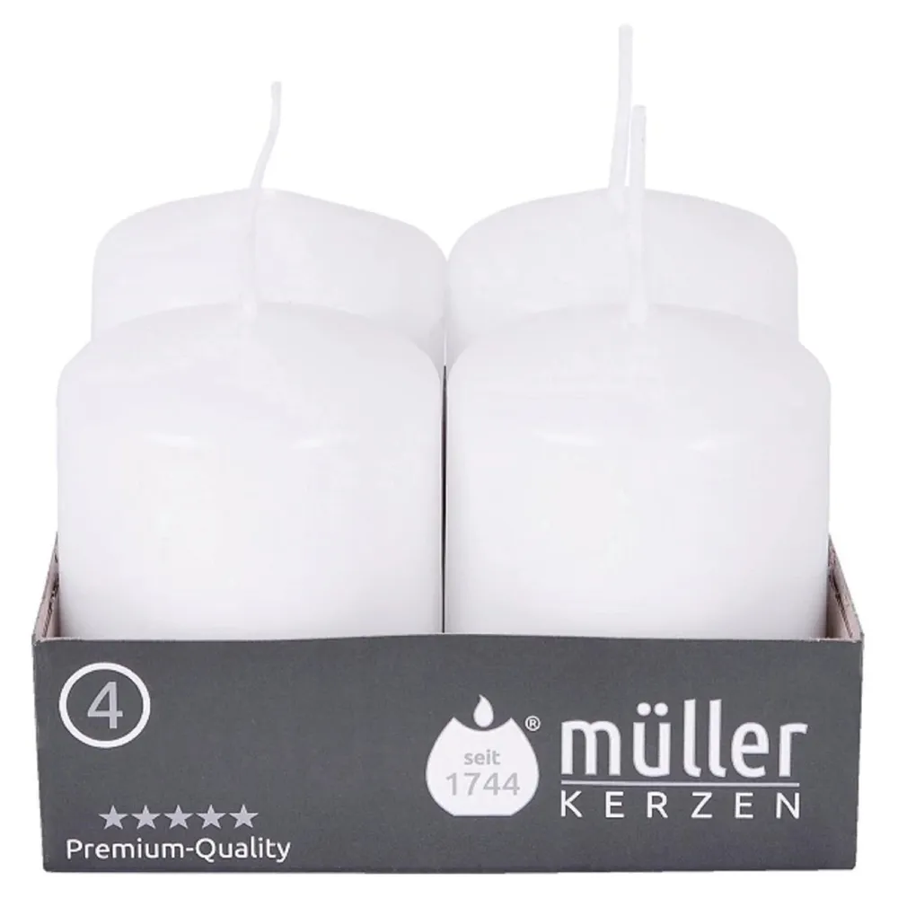 Lumanare decorativa tip stalp, Muller Kerzen, mix ulei palmier + alte materiale ceroase, alb, 6.2 cm, timp ardere 10 ore, set 4 bucati
