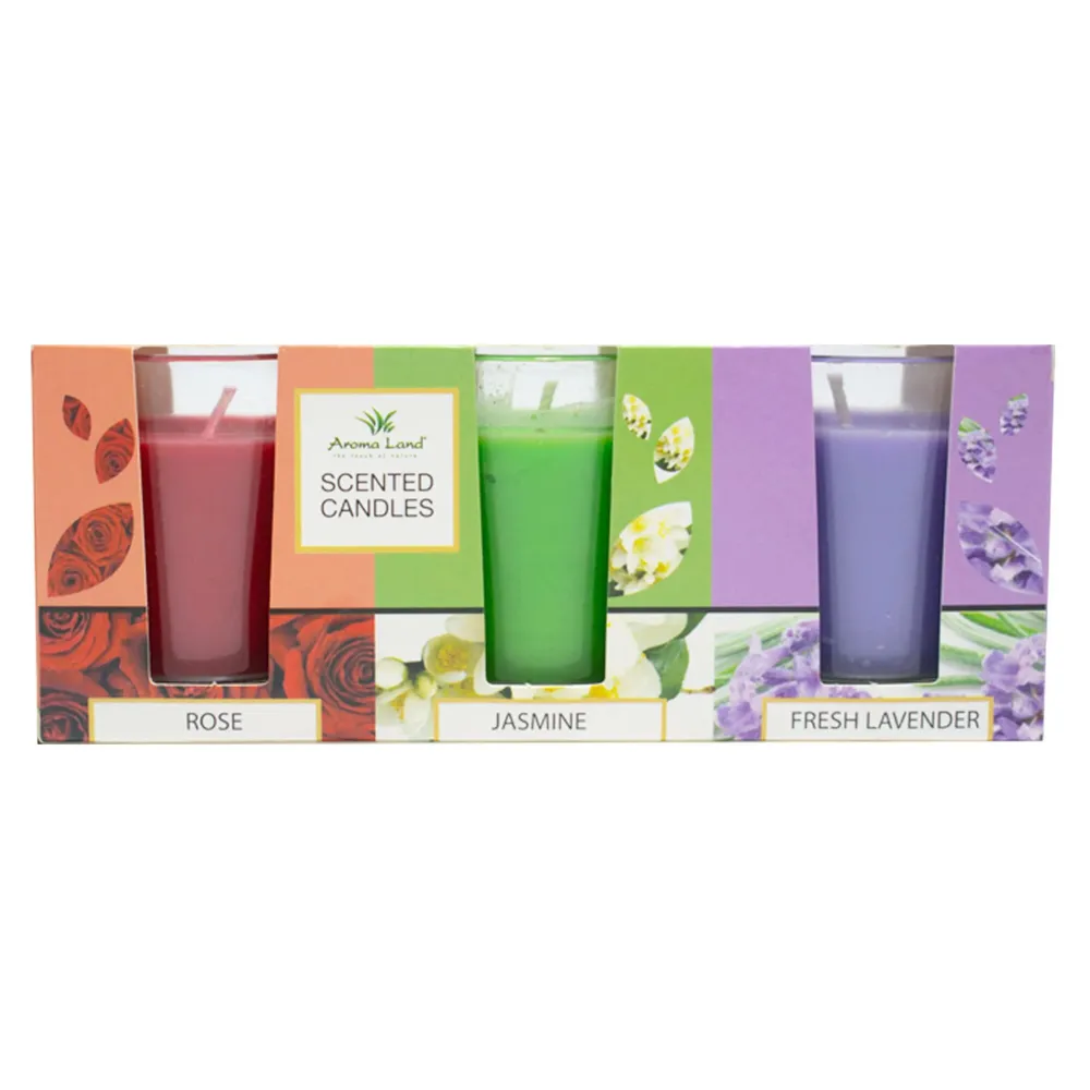 Lumanare parfumata in pahar, Aroma Land, iasomie / lavanda / trandafir, set 3 arome