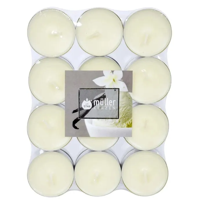 Lumanare parfumata tip pastila, Muller Kerzen, mix ulei palmier + alte materiale ceroase, vanilie, timp ardere 4 ore, set 24 bucati