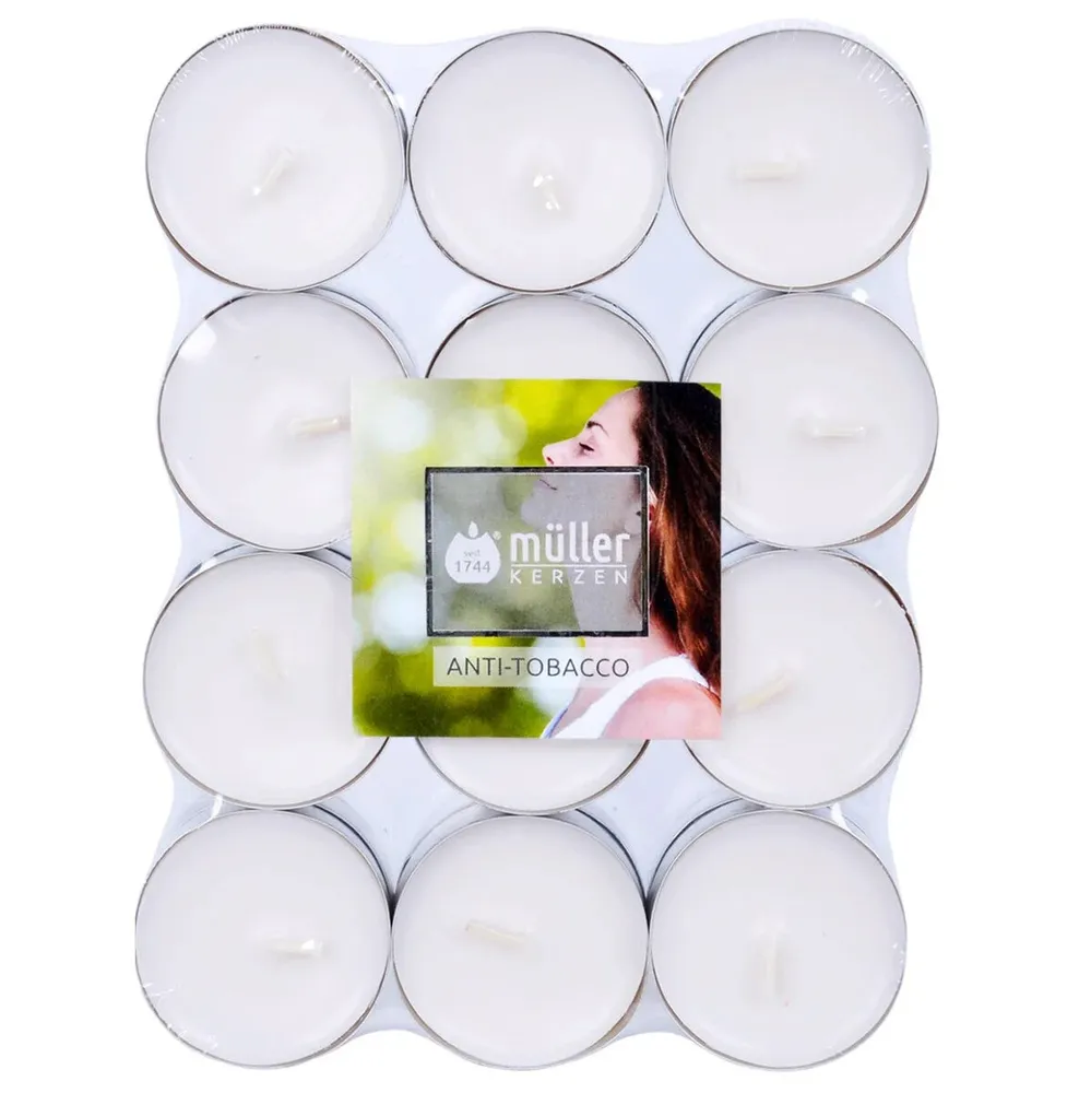 Lumanare parfumata tip pastila, timp ardere 4 ore, aroma antitabac, set 24 bucati