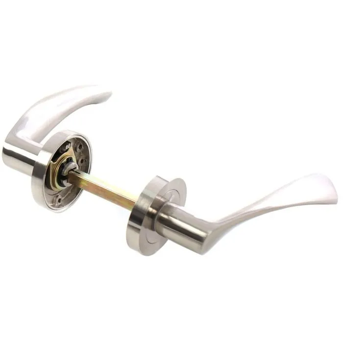 Maner cu rozeta rotunda pentru usa interior, BestImp K05, aliaj metalic, satin nichel, 135 x 55 mm