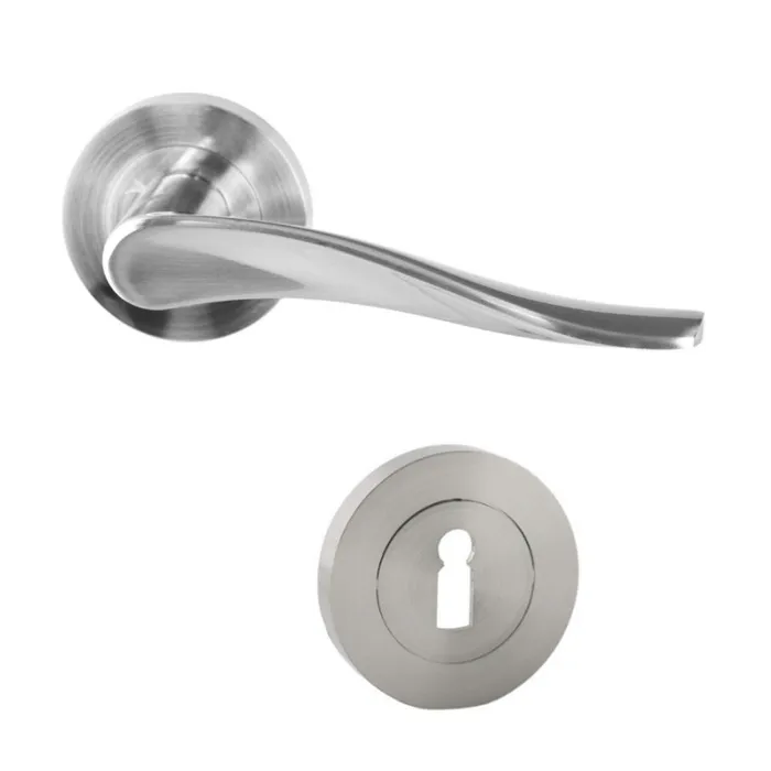 Maner cu rozeta rotunda pentru usa lemn, Miami Gato BB(K) RR55SN, zamac, satin nichel, 125 x 55 mm