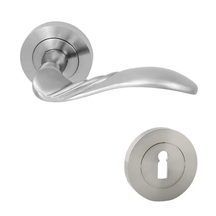 Maner cu rozeta rotunda pentru usa lemn, Petra Gato BB(K) RR55SN, zamac, satin nichel, 130 x 55 mm