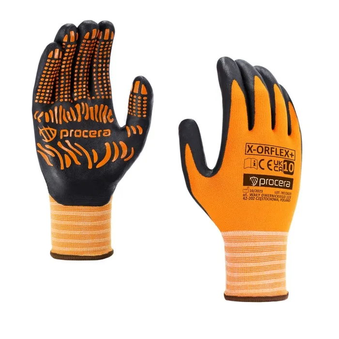 Manusi de protectie Procera X-Oflex, tricot + lycra + nitril, portocaliu + negru, marimea 10