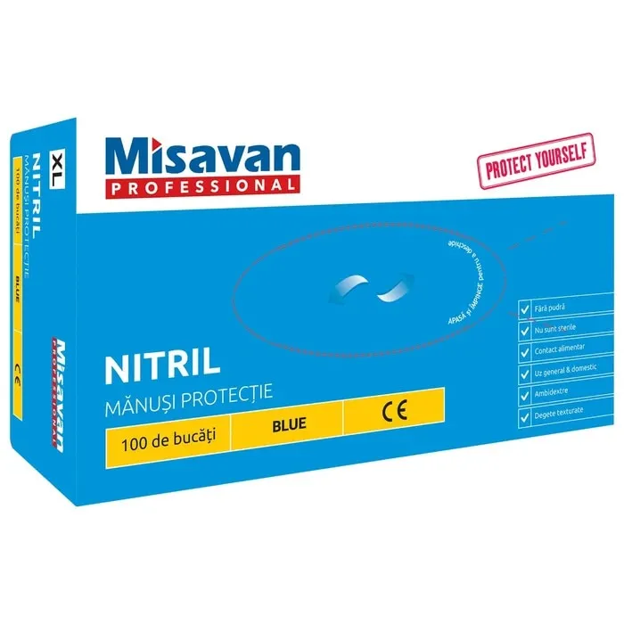 Manusi de protectie unica folosinta Misavan, nitril, albastru, set 100 buc, marimea XL