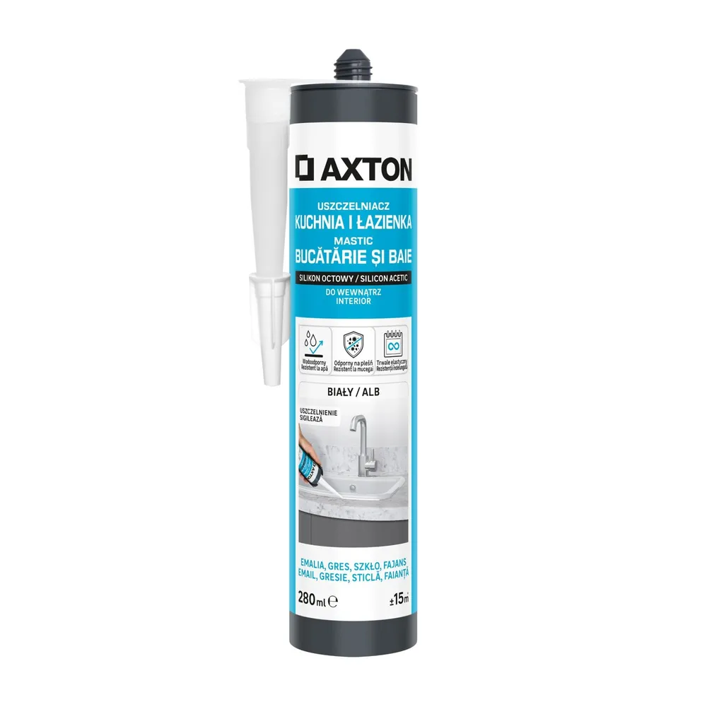 Mastic acetic Axton, pentru baie si bucatarie, alb, 280 ml