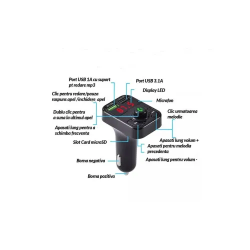 Modulator MP3 auto Bluetooth handsfree USB TF pentru bricheta 12V Bluetooth — imaginea 4