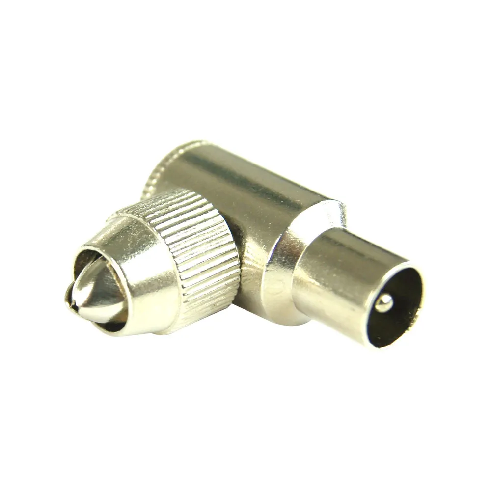 Mufa pentru cablu TV Lexman, coaxial, 9.52 mm, tata, 90 grade, metal, gri/argintie