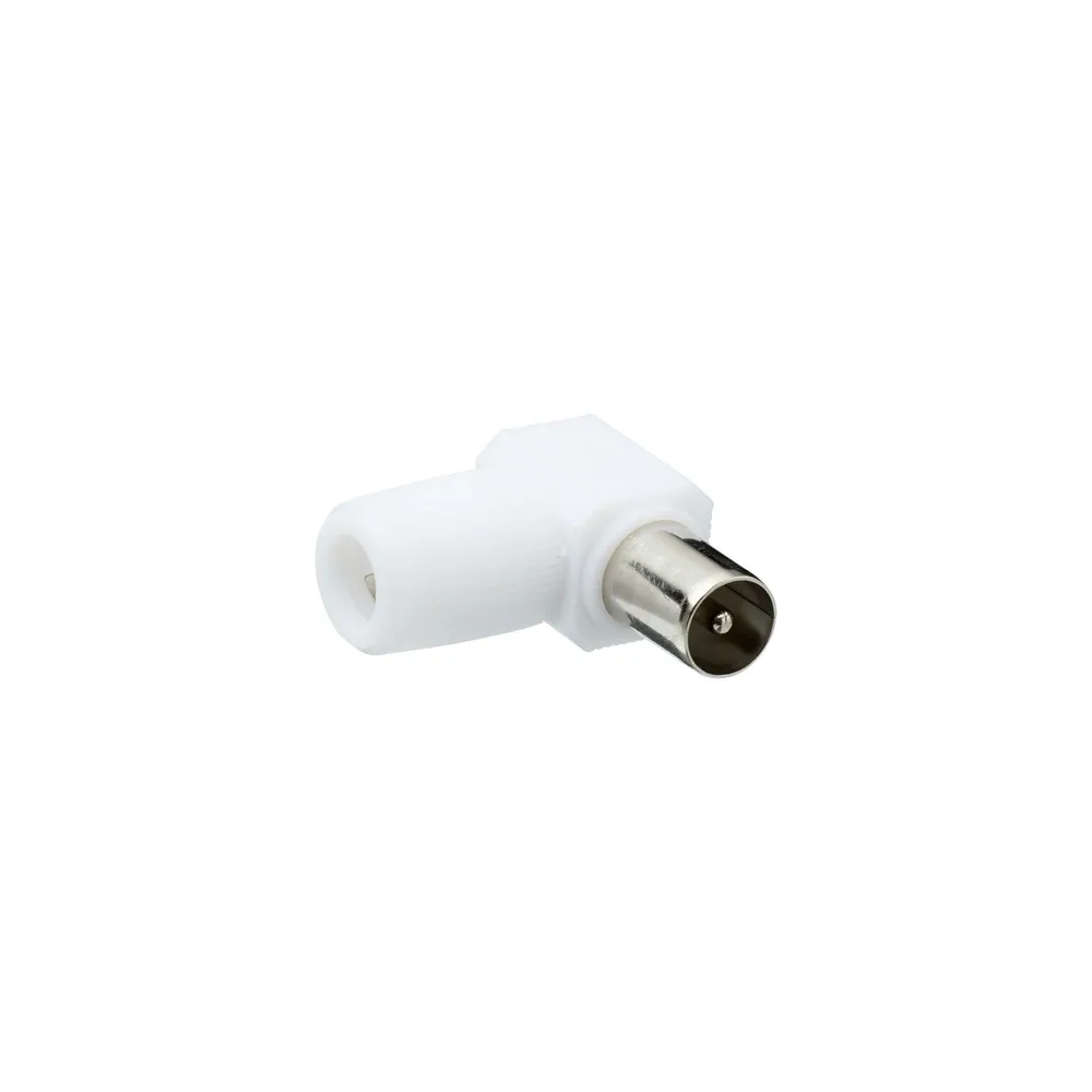 Mufa pentru cablu TV Lexman, coaxial, 9.52 mm, tata, 90 grade, plastic, alba