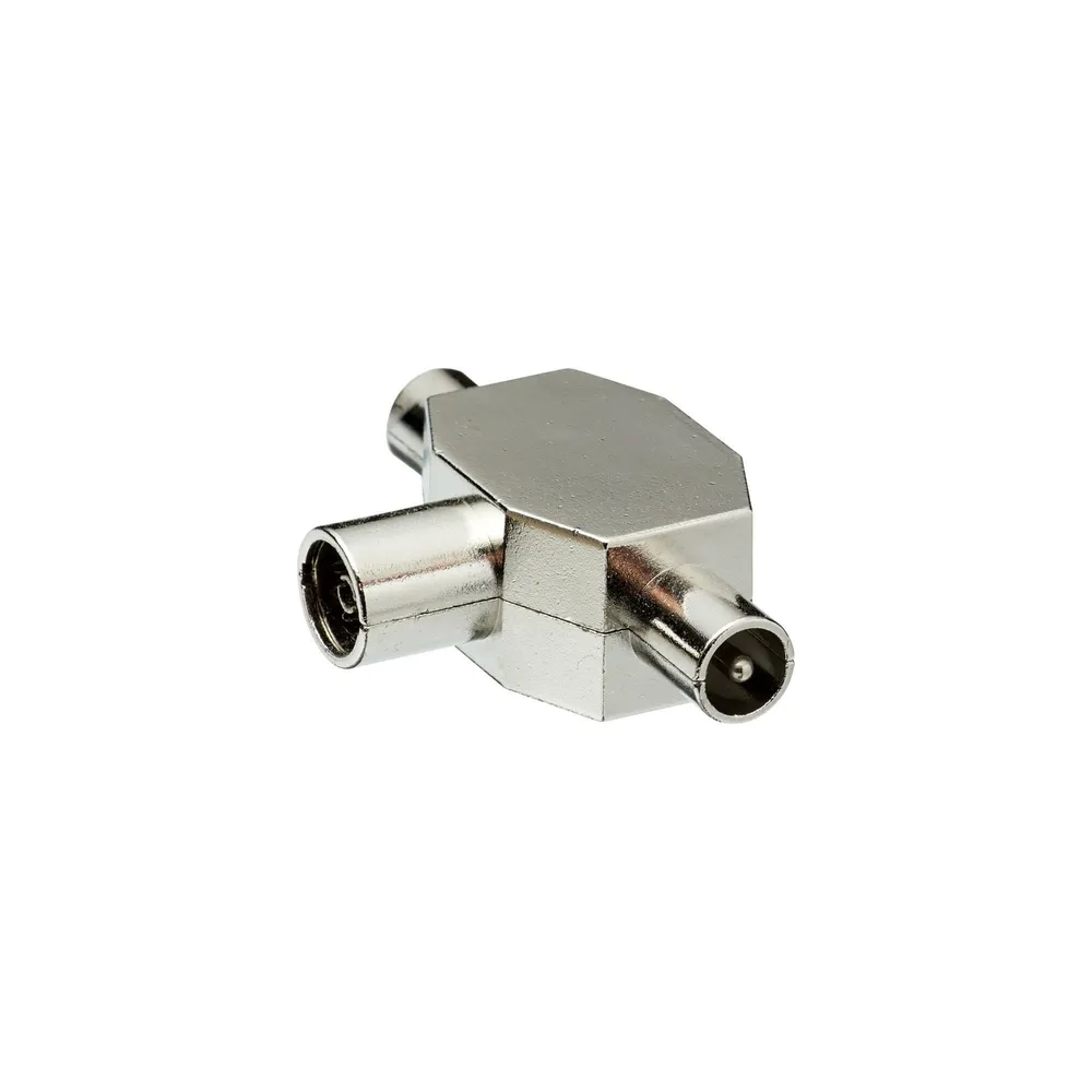 Mufa pentru cablu TV Lexman, in forma de T, coaxial, 9.52 mm, 1 mama - 2 tati, metal, gri/argintie