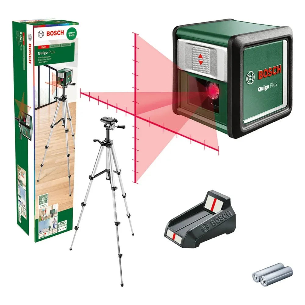 Nivela cu laser, cu linii in cruce, lumina rosie, Bosch Quigo Plus, cu autonivelare, 7 m, cu stativ