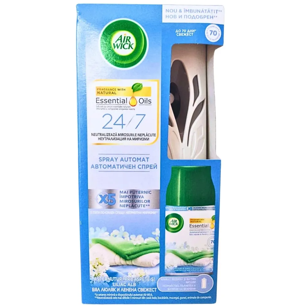 Odorizant camera Air Wick, aparat + rezerva + baterie, asternuturi proaspete si liliac alb, 250 ml