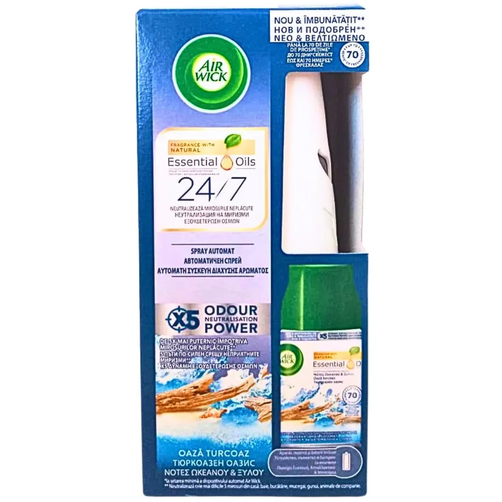 Odorizant camera Air Wick, aparat + rezerva + baterie, oaza turcoaz, 250 ml