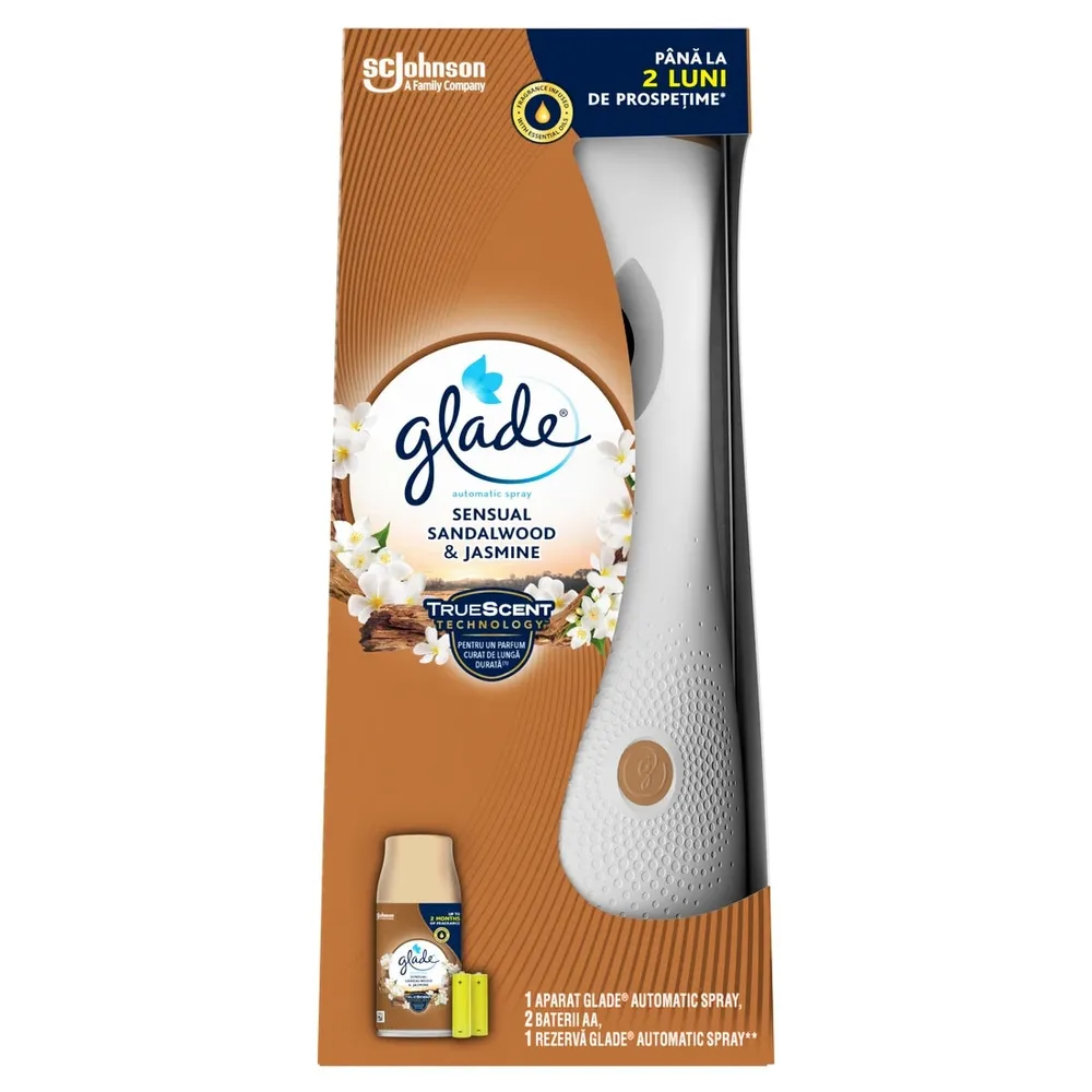 Odorizant camera Glade automatic spray, aparat + baterii + rezerva, bali sandalwood and jasmine, 269 ml