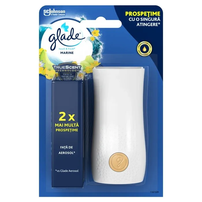 Odorizant camera Glade microspray holder, marine, 10 ml, cu rezerva