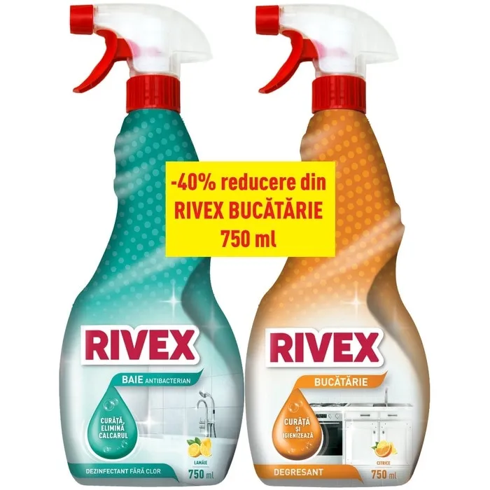 Pachet solutie pentru baie + solutie pentru bucatarie Rivex, cu pulverizator, citrice, 2 x 750 ml