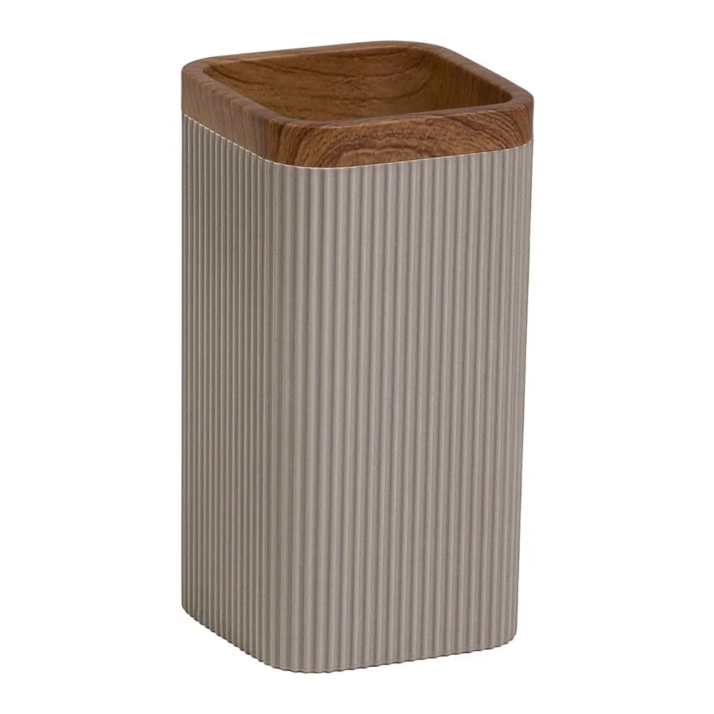 Pahar baie pentru igiena personala, Okyanus Home Stella OKY-464-3, polistiren + ABS, stativ, maro + lemn, 11 x 6.8 x 6.8 cm