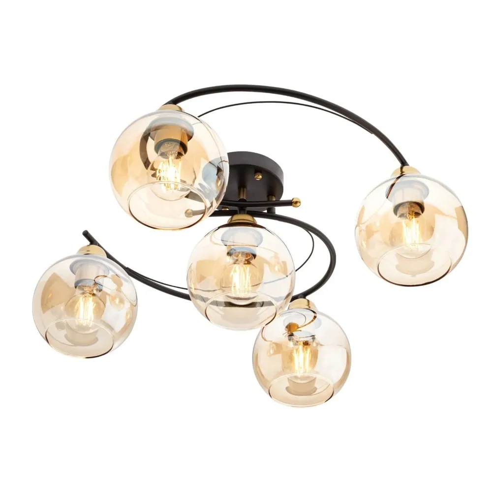 Plafoniera Elias 02-1000, 5 x E27, negru + ambra, modern