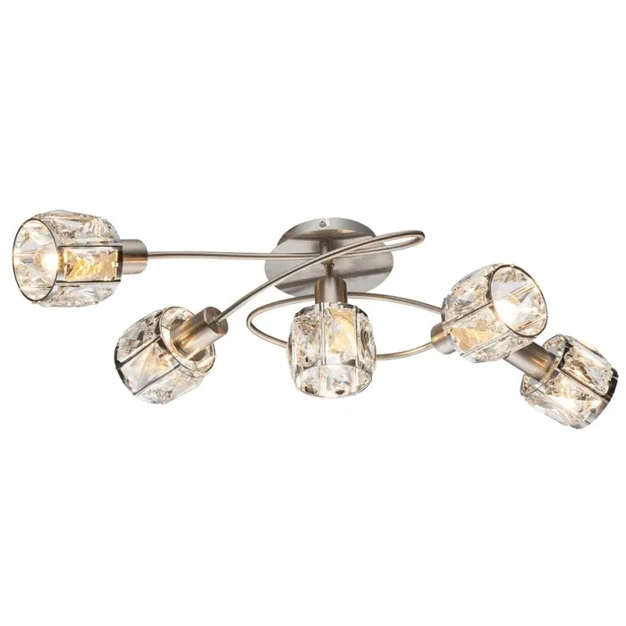 Plafoniera Kris CH 54356-5, 5 x E14, nichel mat + decoratiuni din sticla transparenta, clasic