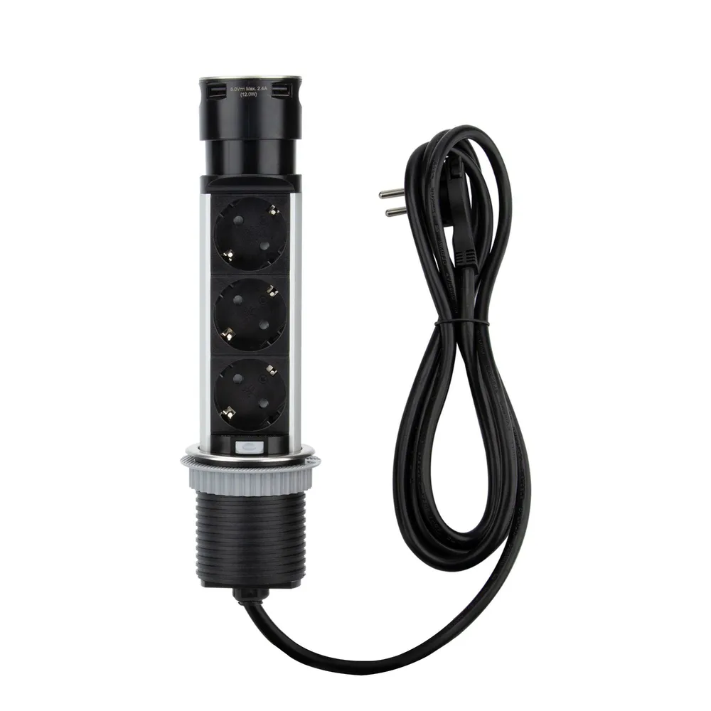 Prelungitor cu fir Lexman, IP20, 3 prize, 2 USB, 3 x 1.5 mmp, 3680 W, 2 m, negru
