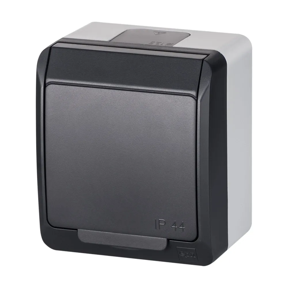 Priza schuko simpla Hermes, cu clapeta, etansa, montaj aplicat, exterior, IP44, gri