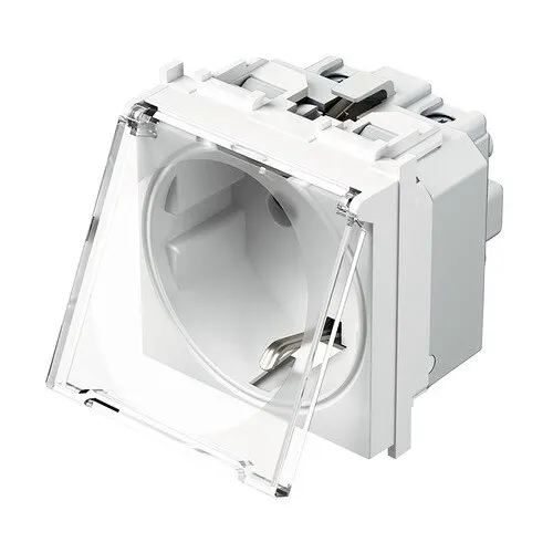 Priza simpla cu impamantare, 2 prize, alb, capac de protectie transparent
