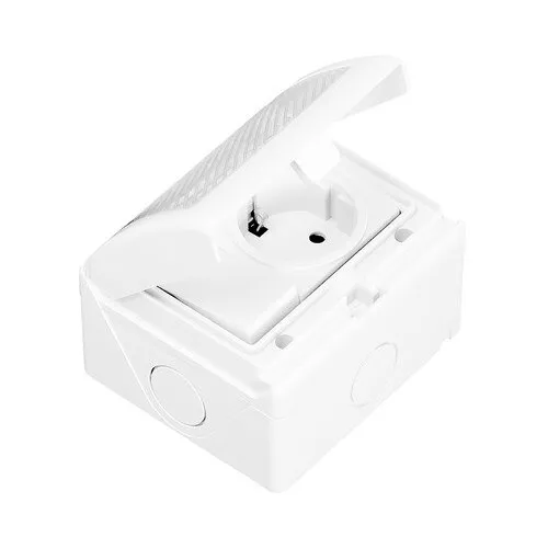 Priza simpla cu impamantare IP55, alb, montaj aplicat, 70x84x63mm