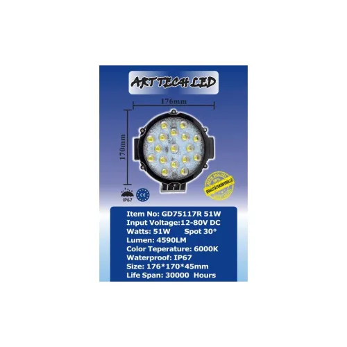 Proiector LED rotund 51W 4590 lm 12V-24V 16 LED 6000K — imaginea 3