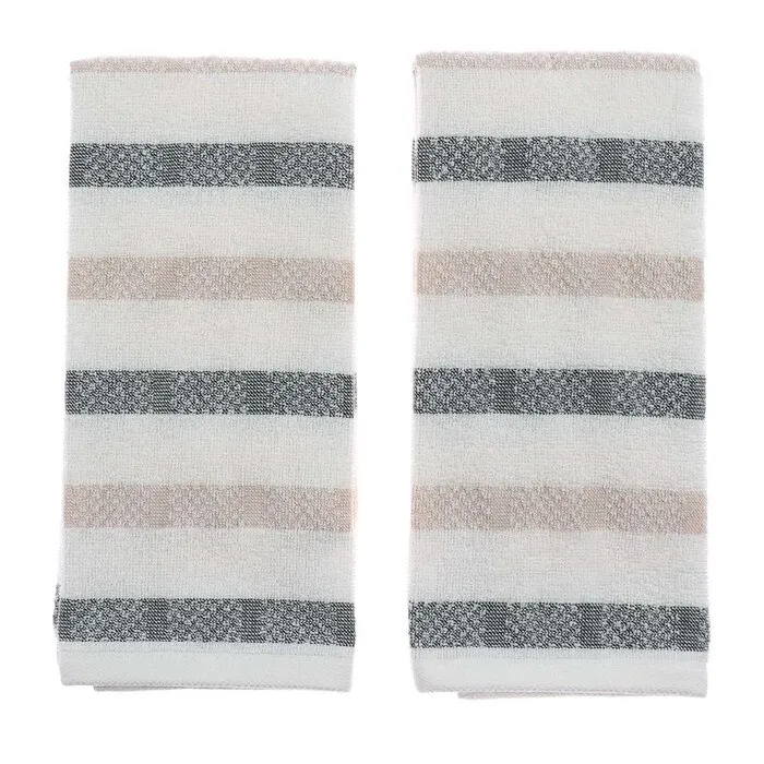 Prosop bucatarie Caressa E015, bumbac, alb + gri, 40 x 60 cm, set 2 bucati