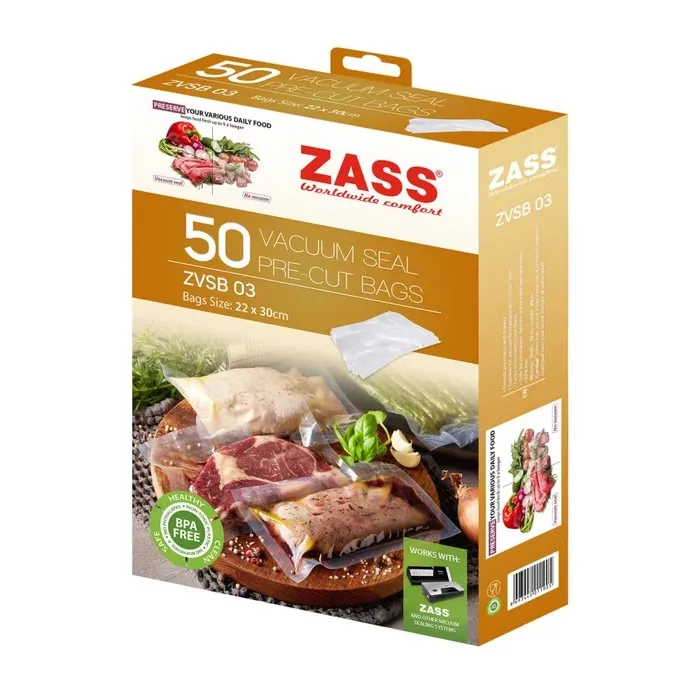 Pungi pentru aparat de vidat alimente, Zass ZVSB 03, 22 x 30 cm, grosime 0.18, rezistenta la caldura si frig, fara BPA, transparent, set 50 bucati