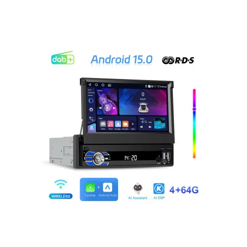 Radio auto 1DIN Android 7 inch retractabil 4GB+64GB Wireless CarPlay Android Auto — imaginea 2