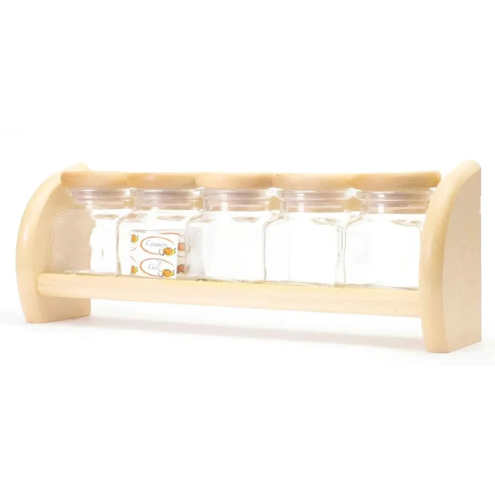 Recipiente condimente + suport, lemn + sticla transparenta, 33 x 7 x 12 cm, set 5 bucati