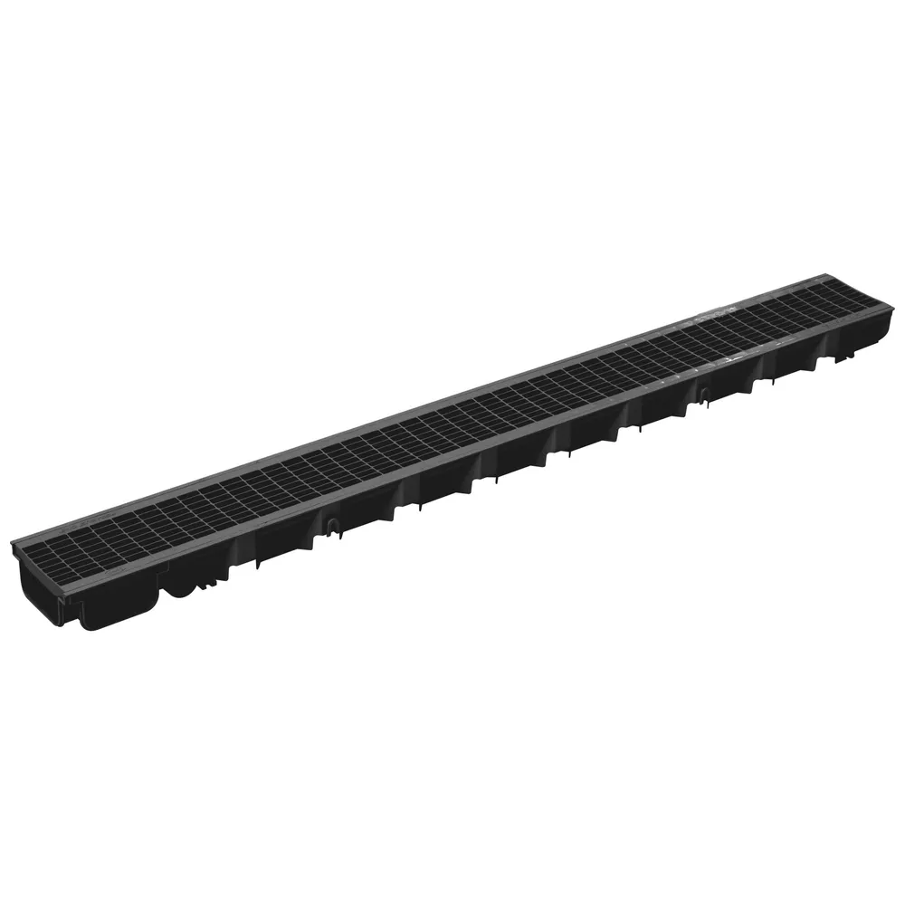 Rigola plastic Dakota, pietonala, exterioara, pentru scurgere apa pluviala, cu gratar polipropilena, A15, negru, 1000 x 100 x 35 mm