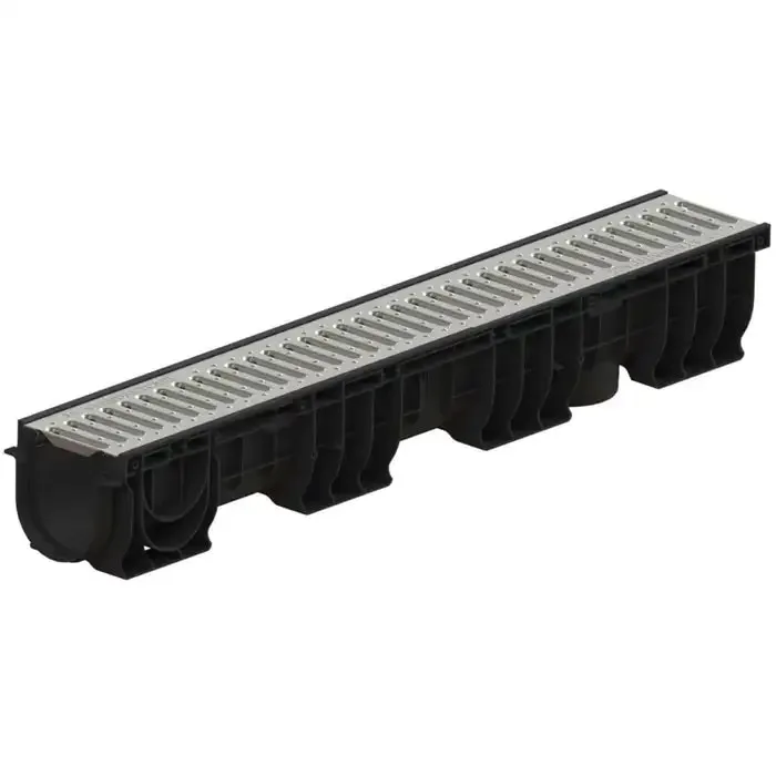 Rigola plastic Vodaland, pietonala, exterioara, pentru scurgere apa pluviala, cu gratar otel zincat, cu iesire verticala, A15, 1000 x 160 x 155 mm